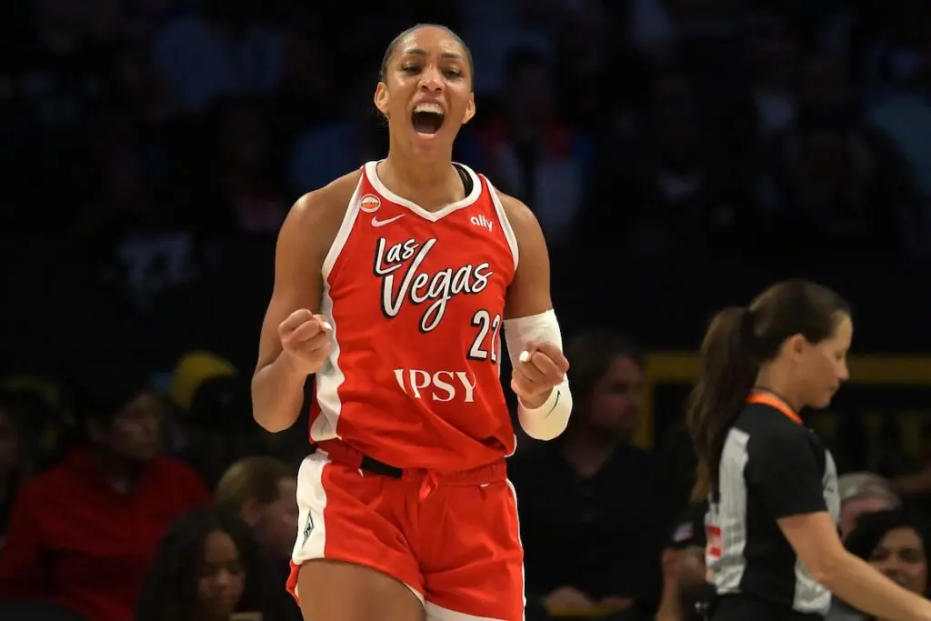 Las Vegas Aces center A'ja Wilson (22) after a basket during the second half against the Los Angeles Sparks at Crypto.com Arena.