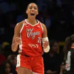 Las Vegas Aces center A'ja Wilson (22) after a basket during the second half against the Los Angeles Sparks at Crypto.com Arena.
