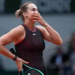 Aryna Sabalenka reacts during her match against Diana Shnaider on day 11 at Stade Roland Garros.