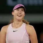 Mirra Andreeva at her interview on the court after winning her match against Marta Kostyuk of Ukraine on day 12 at Stade Roland Garros.