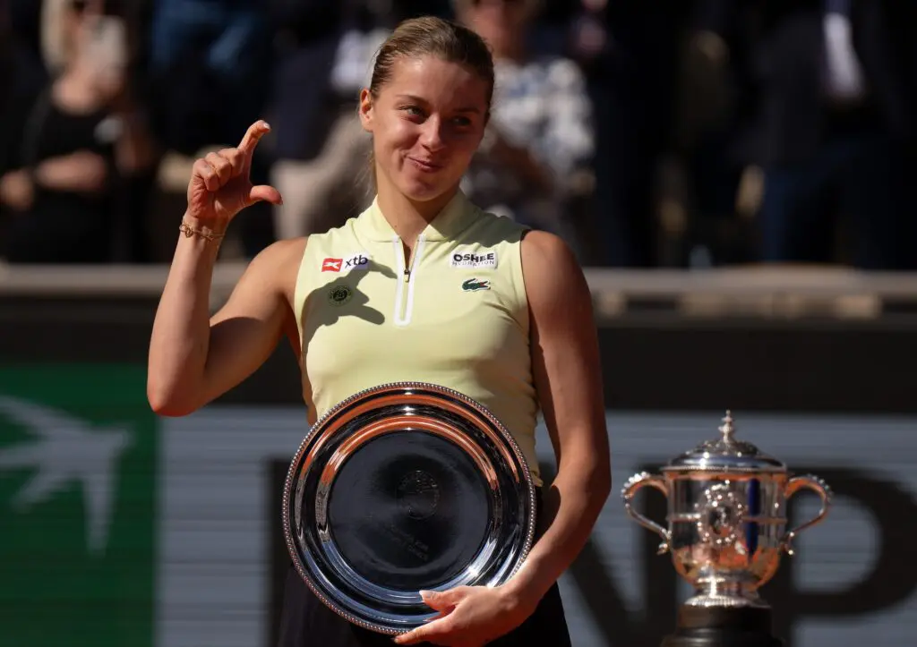 Maja Chwalinska of Poland at the trophy presentation after the womenÕs singles final against Mirra Andreeva on day 14 at Stade Roland Garros ahead of the Berlin Open 2026.
