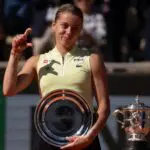 Maja Chwalinska of Poland at the trophy presentation after the womenÕs singles final against Mirra Andreeva on day 14 at Stade Roland Garros ahead of the Berlin Open 2026.