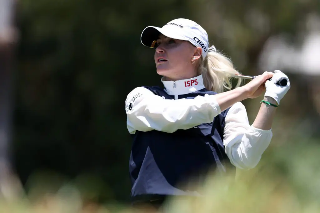 Charley Hull looks on after hitting her tee shot from the fourth tee during the final round of the U.S. Women's Open golf tournament at Riviera Country Club.