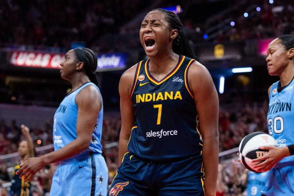Indiana Fever center-forward Aliyah Boston (7) reacts to a made shot in the second half against the Chicago Sky at Gainbridge Fieldhouse.
