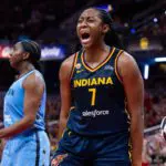 Indiana Fever center-forward Aliyah Boston (7) reacts to a made shot in the second half against the Chicago Sky at Gainbridge Fieldhouse.