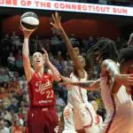 Indiana Fever guard Caitlin Clark (22) shoots a jump shot against the Connecticut Sun during the second half at Mohegan Sun Arena ahead of the Fever vs Tempo WNBA game.