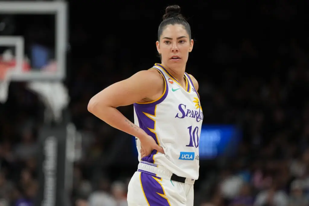 Los Angeles Sparks guard Kelsey Plum (10) celebrates after defeating the Phoenix Mercury in overtime at Mortgage Matchup Center ahead of tonight's Sparks vs Tempo game.