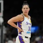 Los Angeles Sparks guard Kelsey Plum (10) celebrates after defeating the Phoenix Mercury in overtime at Mortgage Matchup Center ahead of tonight's Sparks vs Tempo game.