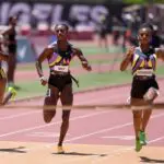 Sha'Carri Richardson (USA) defeats Kayla White to win the women's 100m during the USATF Los Angeles Grand Prix at Allyson Felix Field at Katherine B. Loker Track Stadium.