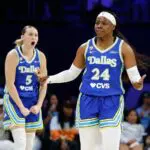 Dallas Wings guard Arike Ogunbowale (24) and guard Paige Bueckers (5) react after a play against the Las Vegas Aces during the first half at College Park Center.