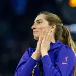 Los Angeles Sparks guard Kate Martin (21) thanks the crowd for her welcome before the game against the Golden State Valkyries in a Commissioner’s Cup game at Chase Center.