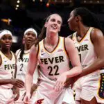 Indiana Fever guard Caitlin Clark (22) stands up Tuesday, June 16, 2026, during the second half of a game at Gainbridge Fieldhouse in Indianapolis. The Indiana Fever defeated the Toronto Tempo.