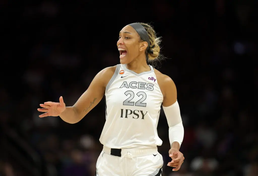 Las Vegas Aces center A'ja Wilson (22) reacts against the Phoenix Mercury in the first half at Mortgage Matchup Center.