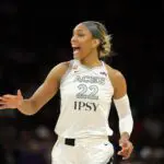 Las Vegas Aces center A'ja Wilson (22) reacts against the Phoenix Mercury in the first half at Mortgage Matchup Center.