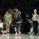 Las Vegas Aces guard Jewell Loyd (24) celebrates after scoring against the New York Liberty during the third quarter of a WNBA basketball game at Michelob Ultra Arena ahead of the 2026 WNBA Commissioner's Cup.