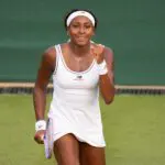 Coco Gauff of the United States celebrates winning her match against Tamara Korpatsch of Germany on day one at All England Lawn Tennis and Croquet Club.