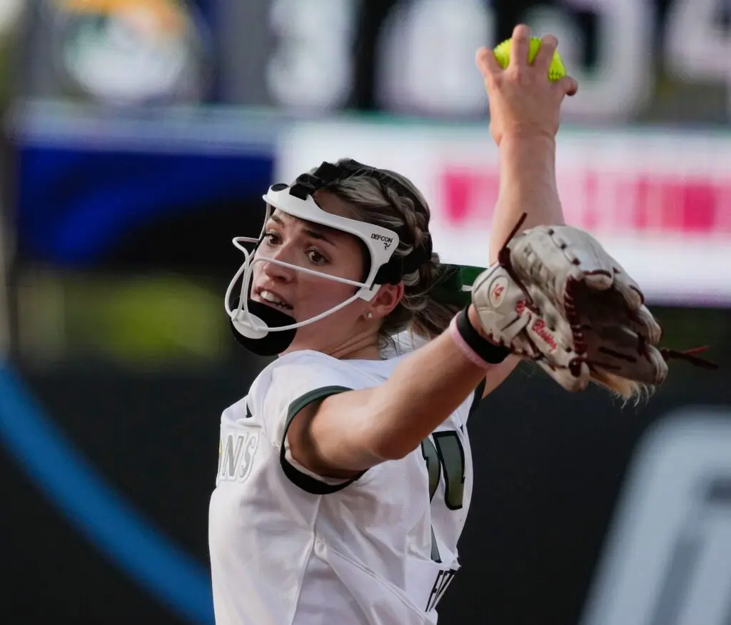 Former University of Alabama star pitcher Montana Fouts returned to Rhoads Stadium for the first time as a professional, pitching for the Talons of the Athletes United Softball League as they played the Volts.