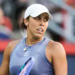 Madison Keys (USA) looks on against Clara Tauson (DEN) in quarterfinal play at IGA Stadium.