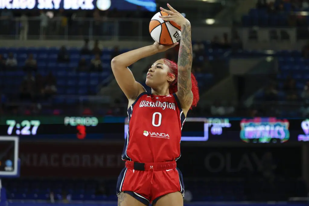 Washington Mystics forward Shakira Austin (0) shoots against the Chicago Sky during the second half at Wintrust Arena.