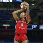 Washington Mystics forward Shakira Austin (0) shoots against the Chicago Sky during the second half at Wintrust Arena.