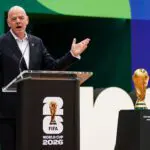 FIFA President Gianni Infantino speaks during the grand opening of the 2026 FIFA World Cup international broadcast center at Kay Bailey Hutchison Convention Center.