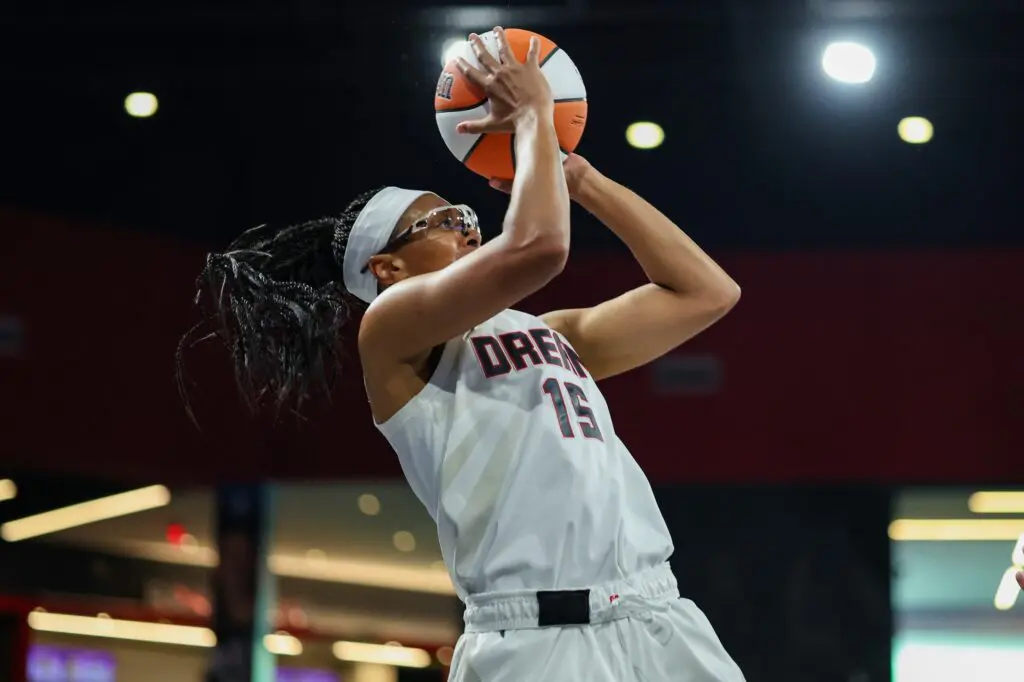Atlanta Dream guard Allisha Gray (15) shoots against the Portland Fire in the first quarter at Gateway Center Arena at College Park ahead of the Dream vs Wings clash.