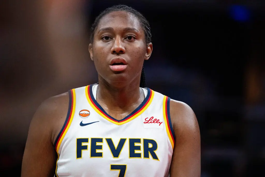 Indiana Fever center Aliyah Boston (7) in the second half against the Golden State Valkyries at Gainbridge Fieldhouse.