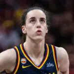Indiana Fever guard Caitlin Clark (22) in the first half against the New York Liberty at Gainbridge Fieldhouse.
