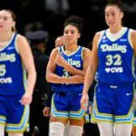 Dallas Wings guard Paige Bueckers (5) and guard Azzi Fudd (35) and forward Jessica Shepard (32) and center Li Yueru (28) during the game between the Wings and the Sky at American Airlines Center.
