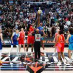Team Coop forward Natasha Howard (1) and Team Spoon center Aliyah Boston (7) jump for the ball in the first quarter during the 2026 WNBA All Star Game.