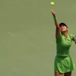 Alexandra Eala (PHI) serves against Qinwen Zheng (CHN) (not pictured) on day two of the 2026 Mubadala DC Open.