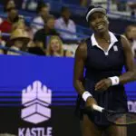 Venus Williams (USA) reacts after missing a shot against Anastasia Potapova (AUT) (not pictured) on day two of the 2026 Mubadala DC Open at Rock Creek Park Tennis Center.