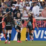 NJ/NY Gotham FC forward Midge Purce (23) celebrates with teammates after scoring against Bay FC in the first half at PayPal Park during the gotham vs bay fc game.
