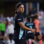 NJ/NY Gotham FC forward Sam Kerr (20) waits for play to resume against Bay FC in the second half at PayPal Park.