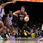 Phoenix Mercury forward Alyssa Thomas (25) drives into the lane against the Golden State Valkyries at Mortgage Matchup Center in Phoenix.