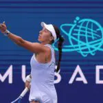 Jessica Pegula (USA) serves against Magdalena Frech (POL) (not pictured) on day four of the 2026 Mubadala DC Open at Rock Creek Park Tennis Center.