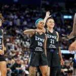 Minnesota Lynx guard Courtney Williams (10) celebrates scoring against the Toronto Tempo during the second half at Scotiabank Arena.