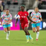Temwa Chawinga #6 of Kansas City Current controls the ball in the second half at Snapdragon Stadium.