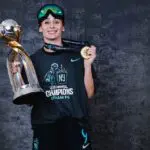 Esther González of Gotham FC poses with the trophy following their win over the Washington Spirit at PayPal Park on November 22, 2025 in San Jose, California.