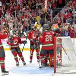 Peyton Hemp #29, Jocelyne Larocque #3, Emily Clark #26, Ronja Savolainen #88, and Gwyneth Philips #33 of the Ottawa Charge celebrate after the win against the Montreal Victoire in game 3 of the PWHL Walter Cup Final.