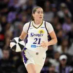 Kate Martin #21 of the Los Angeles Sparks dribbles against the Golden State Valkyries in the third quarter during a Commissioner's Cup game at Chase Center on June 15, 2026 in San Francisco.