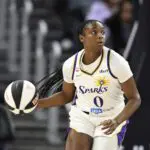 Ta'Niya Latson #0 of the Los Angeles Sparks dribbles against the Golden State Valkyries in the fourth quarter during a Commissioner's Cup game at Chase Center.