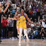 Nneka Ogwumike #30 of the Los Angeles Sparks celebrates after shooting a game winning three point basket during the game against the New York Liberty.