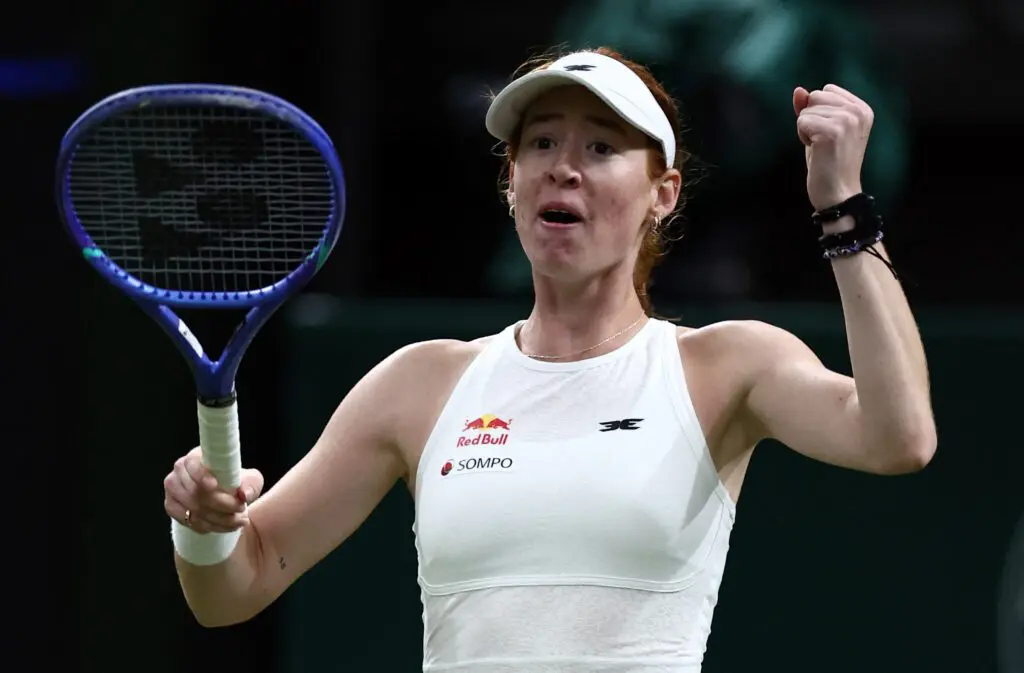 Australia's Maya Joint celebrates beating US player Serena Williams during their women's singles first round tennis match on the second day of the 2026 Wimbledon Championships at The All England Lawn Tennis and Croquet Club in Wimbledon.