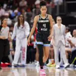 Skylar Diggins #4 of the Chicago Sky looks on during a game between the Las Vegas Aces and the Chicago Sky at the United Center.