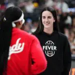 Caitlin Clark #22 of the Indiana Fever smiles before the game against the Las Vegas Aces on July 5, 2026 at T-Mobile Arena in Las Vegas, Nevada.