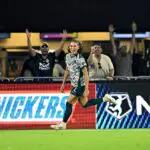 Trinity Rodman #2 of Washington Spirit celebrates after scoring the team's first goal during the NWSL match between Washington Spirit and Houston Dash at Audi Field.
