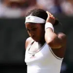 Coco Gauff of the United States looks dejected during her Ladies' Singles match against Karolina Muchova of the Czech Republic on day eleven of the 2026 Wimbledon Championships.