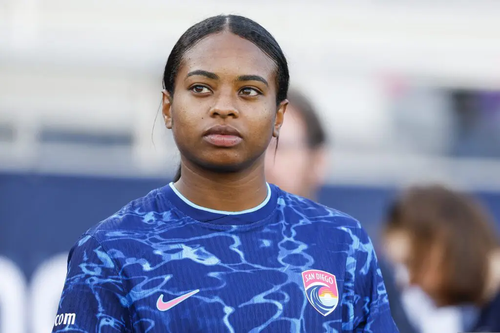Trinity Byars #15 of the San Diego Wave FC looks on before the NWSL match between San Diego Wave FC and NJ/NY Gotham FC at Snapdragon Stadium.