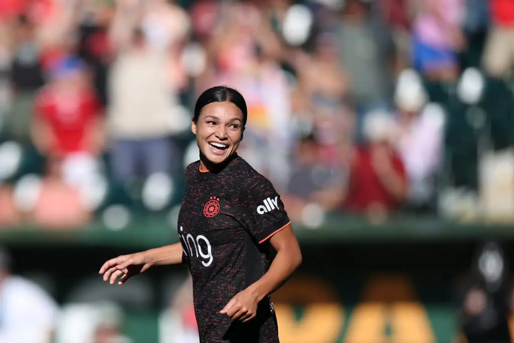 Sophia Wilson #9 of Portland Thorns FC celebrates after scoring the team's fourth goal during the NWSL match between Portland Thorns FC and Racing Louisville FC at Providence Park on July 05, 2026 in Portland, Oregon.